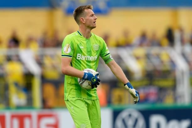 Goalkeeper Lukas Hradecky of Bayer 04 Leverkusen looks on during the DFB Cup first round match between 1. FC Lok Leipzig and Bayer Leverkusen at...