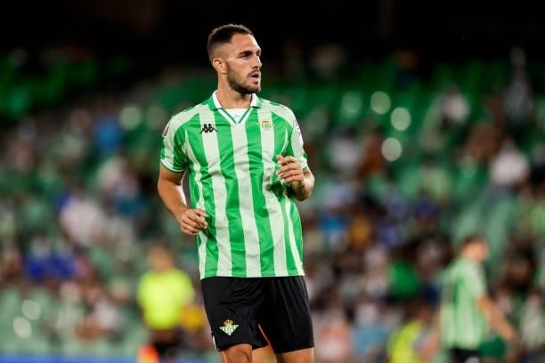 Victor Ruiz of Real Betis during the Club Friendly match between Real Betis Sevilla v AS Roma at the Estadio Benito Villamarin on August 7, 2021 in...