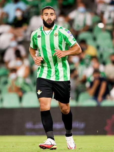 Nabil Fekir of Real Betis during the Club Friendly match between Real Betis Sevilla v AS Roma at the Estadio Benito Villamarin on August 7, 2021 in...