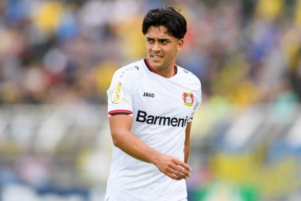 Nadiem Amiri of Bayer 04 Leverkusen looks on during the DFB Cup first round match between 1. FC Lok Leipzig and Bayer Leverkusen at...