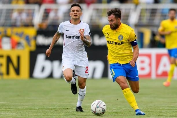 Sascha Pfeffer of 1. FC Lokomotive Leipzig controls the ball during the DFB Cup first round match between 1. FC Lok Leipzig and Bayer Leverkusen at...