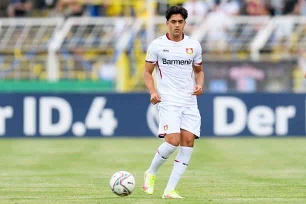 Nadiem Amiri of Bayer 04 Leverkusen controls the ball during the DFB Cup first round match between 1. FC Lok Leipzig and Bayer Leverkusen at...