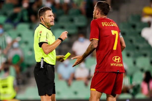 Referee Jorge Figueroa Vazquez, Lorenzo Pellegrini of AS Roma during the Club Friendly match between Real Betis Sevilla v AS Roma at the Estadio...