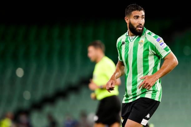 Nabil Fekir of Real Betis during the Club Friendly match between Real Betis Sevilla v AS Roma at the Estadio Benito Villamarin on August 7, 2021 in...