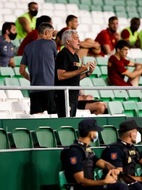 Coach Jose Mourinho of AS Roma during the Club Friendly match between Real Betis Sevilla v AS Roma at the Estadio Benito Villamarin on August 7, 2021...