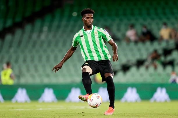 Paul Akouokou of Real Betis during the Club Friendly match between Real Betis Sevilla v AS Roma at the Estadio Benito Villamarin on August 7, 2021 in...