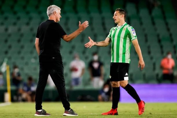 Coach Jose Mourinho of AS Roma, Andres Guardado of Real Betis during the Club Friendly match between Real Betis Sevilla v AS Roma at the Estadio...