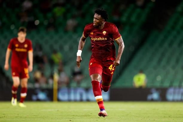 Amadou Diawara of AS Roma during the Club Friendly match between Real Betis Sevilla v AS Roma at the Estadio Benito Villamarin on August 7, 2021 in...