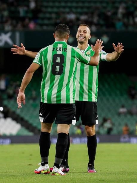 Nabil Fekir of Real Betis with Sergio Canales of Real Betis celebrates goal 2-1 during the Club Friendly match between Real Betis Sevilla v AS Roma...