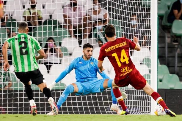 Martin Montoya of Real Betis, Rui Silva of Real Betis, Eldor Shomurodov of AS Roma scores the first goal to make it 2-2 during the Club Friendly...