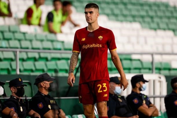 Gianluca Mancini of AS Roma during the Club Friendly match between Real Betis Sevilla v AS Roma at the Estadio Benito Villamarin on August 7, 2021 in...