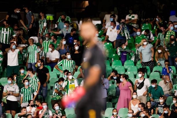 Supporters of Real Betis during the Club Friendly match between Real Betis Sevilla v AS Roma at the Estadio Benito Villamarin on August 7, 2021 in...