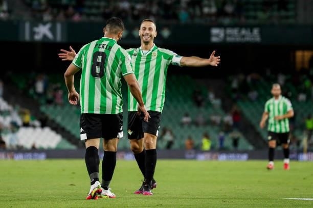 Nabil Fekir of Real Betis with Sergio Canales of Real Betis celebrates goal 2-1 during the Club Friendly match between Real Betis Sevilla v AS Roma...