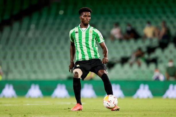 Paul Akouokou of Real Betis during the Club Friendly match between Real Betis Sevilla v AS Roma at the Estadio Benito Villamarin on August 7, 2021 in...