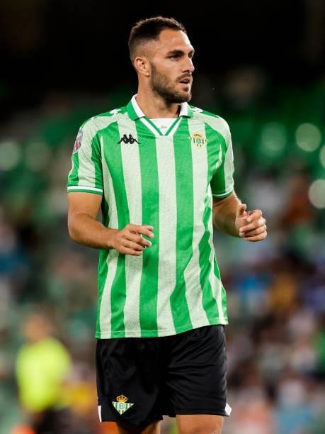 Victor Ruiz of Real Betis during the Club Friendly match between Real Betis Sevilla v AS Roma at the Estadio Benito Villamarin on August 7, 2021 in...