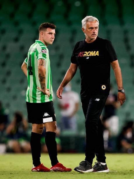 Aitor Ruibal of Real Betis, coach Jose Mourinho of AS Roma during the Club Friendly match between Real Betis Sevilla v AS Roma at the Estadio Benito...
