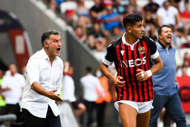 Christophe GALTIER head coach of Nice and Youcef ATAL of Nice during the Ligue 1 football match between Monaco and Nantes at Stade Louis II on August...