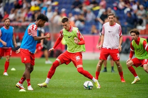 Karim Adeyemi and Benjamin Sesko of FC Red Bull Salzburg in action during the warmup session prior to the Admiral Bundesliga match between FC Red...