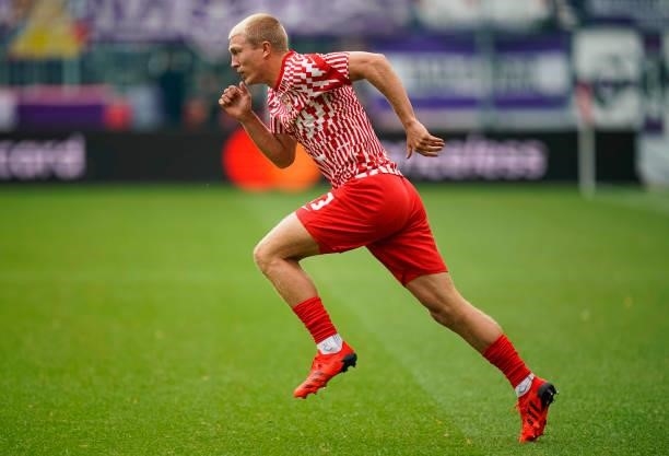 Rasmus Kristensen of FC Red Bull Salzburg in action during the warmup session prior to the Admiral Bundesliga match between FC Red Bull Salzburg and...