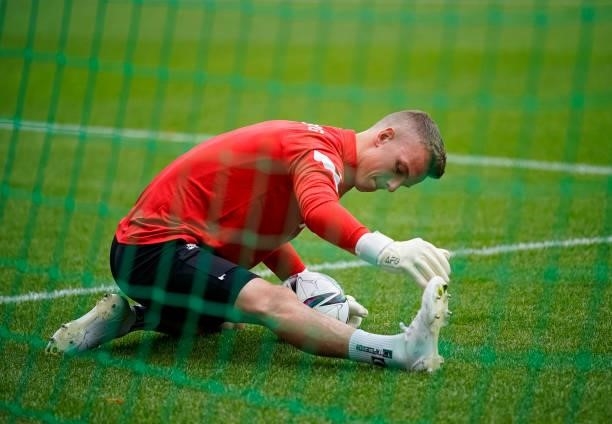 Goalkeeper Philipp Koehn of FC Red Bull Salzburg in action during the warmup session prior to the Admiral Bundesliga match between FC Red Bull...