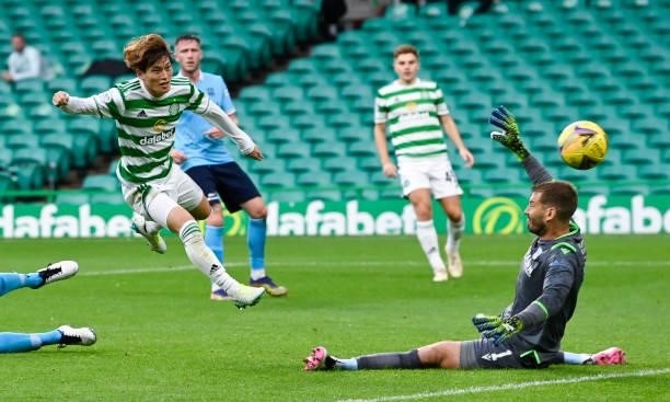 Celtic's Kyogo Furuhashi makes it 4-0 during a cinch Premiership match between Celtic and Dundee at Celtic Park, on August 08 in Glasgow, Scotland.