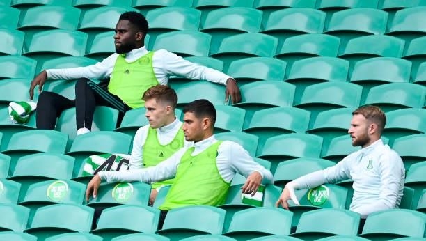Celtic's Odsonne Edouard sits amongst the substitutes during a cinch Premiership match between Celtic and Dundee at Celtic Park, on August 08 in...