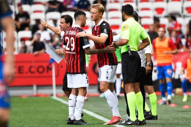 Lucas DA CUNHA and Kasper DOLBERG of Nice during the Ligue 1 football match between Monaco and Nantes at Stade Louis II on August 8, 2021