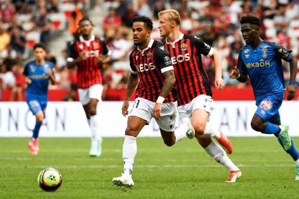 Justin KLUIVERT and Kasper DOLBERG of Nice during the Ligue 1 football match between Monaco and Nantes at Stade Louis II on August 8, 2021