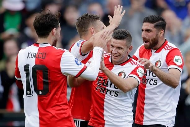 Bryan Linssen of Feyenoord celebrates 1-0 with Alireza Jahanbakhsh of Feyenoord, Orkun Kokcu of Feyenoord, Jens Toornstra of Feyenoord during the...