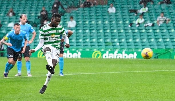 Celtic's Odsonne Edouard makes it 6-0 with a penalty during a cinch Premiership match between Celtic and Dundee at Celtic Park, on August 08 in...