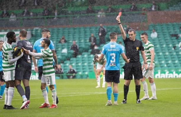 Jordan Marshall of Dundee sent off during the Cinch Scottish Premiership match between Celtic FC and Dundee FC at on August 8, 2021 in Glasgow,...