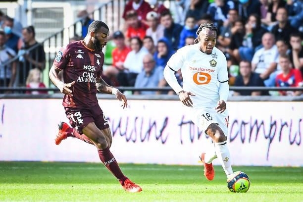 Habib MAIGA of Metz and Renato SANCHES of Lille during the Ligue 1 football match between Metz and Lille at Stade Saint-Symphorien on August 8, 2021...