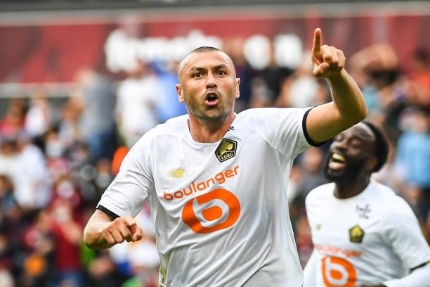 Yusuf YAZICI of Lille celebrates his goal during the Ligue 1 football match between Metz and Lille at Stade Saint-Symphorien on August 8, 2021 in...