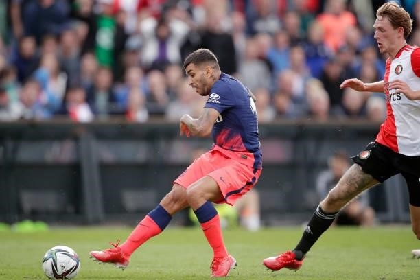 Angel Correa of Atletico Madrid scores the second goal to make it 1-1 during the Club Friendly match between Feyenoord v Atletico Madrid at the...
