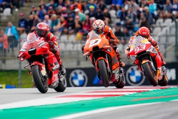 Francesco Bagnaia of Italy and Mission Winnow Ducati Team, Iker Lecuona Spain and Tech 3 KTM Factory Racing and Marc Marquez of Spain and Repsol...
