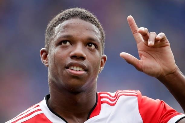 Tyrell Malacia of Feyenoord during the Club Friendly match between Feyenoord v Atletico Madrid at the Stadium Feijenoord on August 8, 2021 in...