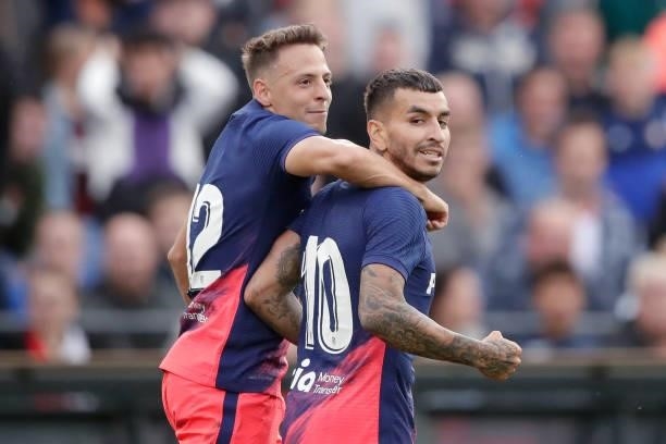 Angel Correa of Atletico Madrid celebrates 1-1 with Santiago Arias of Atletico Madrid during the Club Friendly match between Feyenoord v Atletico...