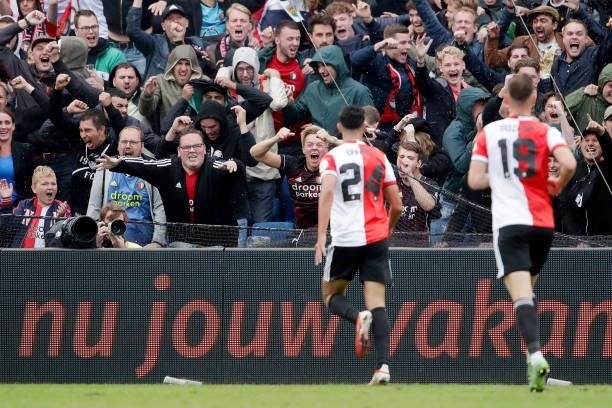 Supporters of Feyenoord celebrates 2-1 during the Club Friendly match between Feyenoord v Atletico Madrid at the Stadium Feijenoord on August 8, 2021...