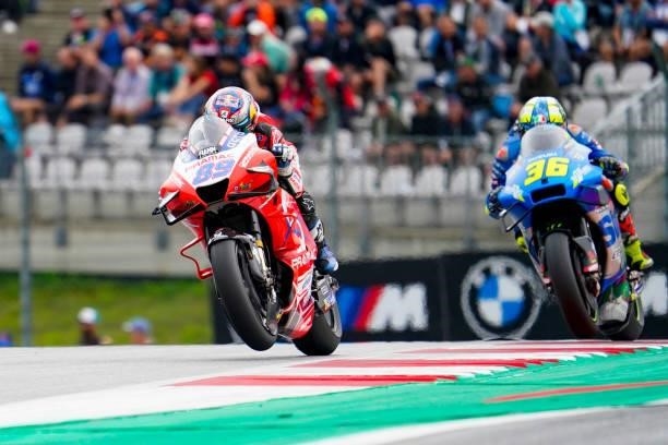 Jorge Martin of Spain and Pramac Racing and Joan Mir of Spain and Team Suzuki Ecstar during the MotoGP of Styria - Race at Red Bull Ring on August 8,...