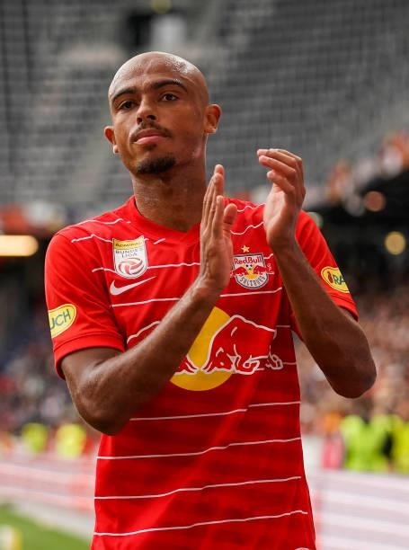 Antoine Bernede of FC Red Bull Salzburg cheers after his subsitution during the Admiral Bundesliga match between FC Red Bull Salzburg and Austria...