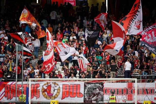 Supporters of FC Red Bull Salzburg cheer during the Admiral Bundesliga match between FC Red Bull Salzburg and Austria Wien at the Red Bull Arena on...