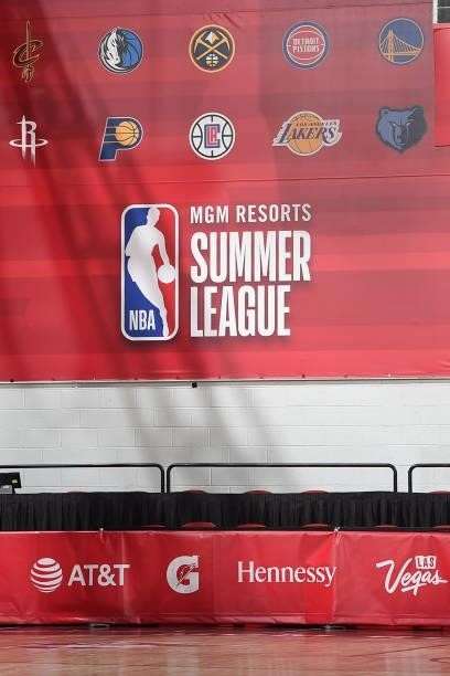 Resorts Summer League signage hangs in the arena before the Boston Celtics game against the Atlanta Hawks on August 8, 2021 at the Cox Pavilion in...