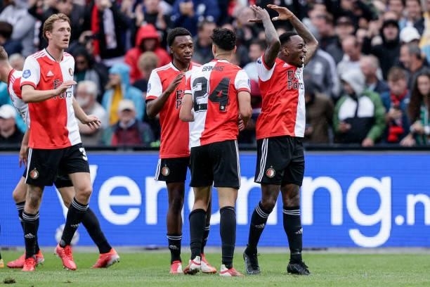 Wouter Burger of Feyenoord, Antoni Milambo of Feyenoord, Naoufal Bannis of Feyenoord, Ridgeciano Haps of Feyenoord, celebrate the 2-1 during the Club...
