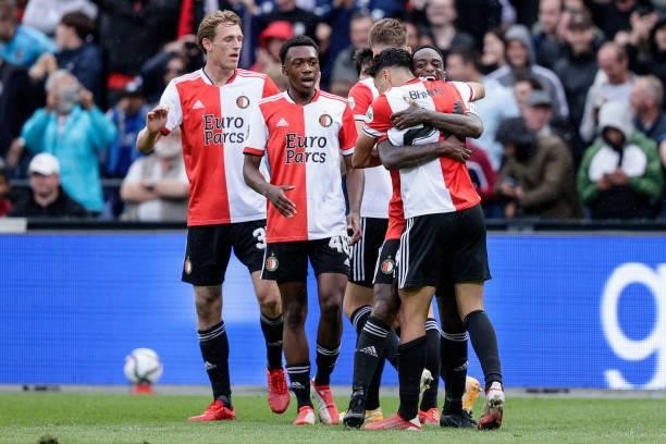Wouter Burger of Feyenoord, Antoni Milambo of Feyenoord, Ridgeciano Haps of Feyenoord, Achraf El Bouchataoui of Feyenoord, celebrate the 2-1 during...
