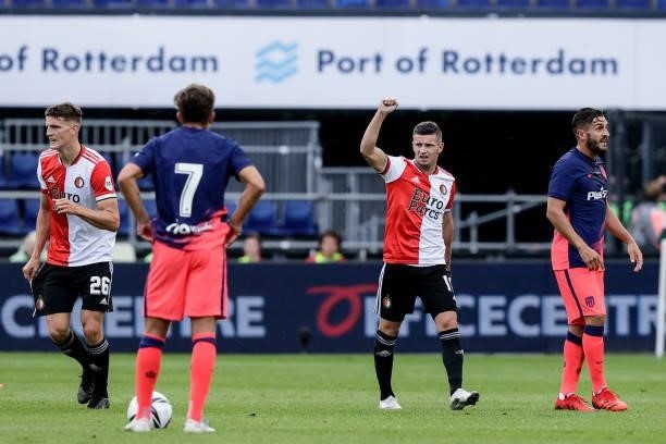 Bryan Linssen of Feyenoord, celebrate his goal the 1-0 during the Club Friendly match between Feyenoord v Atletico Madrid at the Stadium Feijenoord...