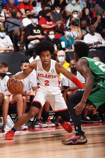 Sharife Cooper of the Atlanta Hawks handles the ball during the game against the Boston Celtics during the 2021 Las Vegas Summer League on August 8,...