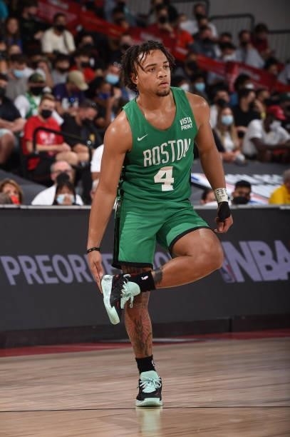 Carsen Edwards of the Boston Celtics looks on during the game against the Atlanta Hawks during the 2021 Las Vegas Summer League on August 8, 2021 at...