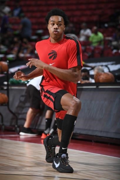 Scottie Barnes of the Toronto Raptors warms up prior to the game against the New York Knicks during the 2021 Las Vegas Summer League on August 8,...