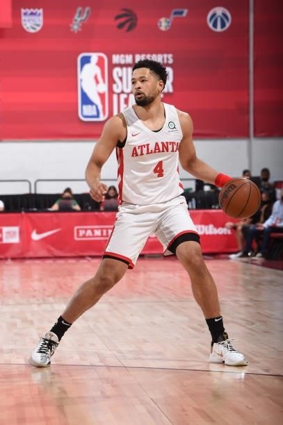 Skylar Mays of the Atlanta Hawks handles the ball during the game against the Boston Celtics during the 2021 Las Vegas Summer League on August 8,...