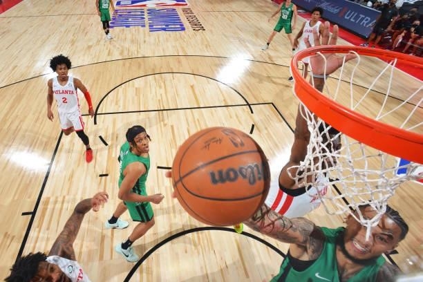 Zach Auguste of the Boston Celtics shoots the ball during the game against the Atlanta Hawks during the 2021 Las Vegas Summer League on August 8,...